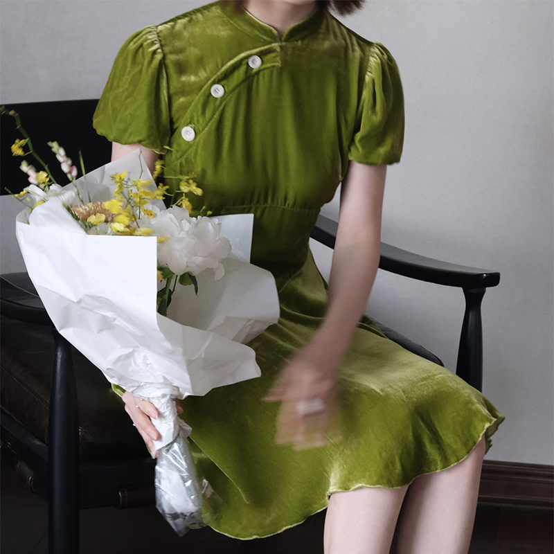 dorydory绿丝绒真丝旗袍连衣裙