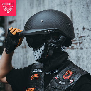 VCOROS碳纤维头盔复古哈雷半盔电动摩托车夏季 男女轻便瓢盔3C认证