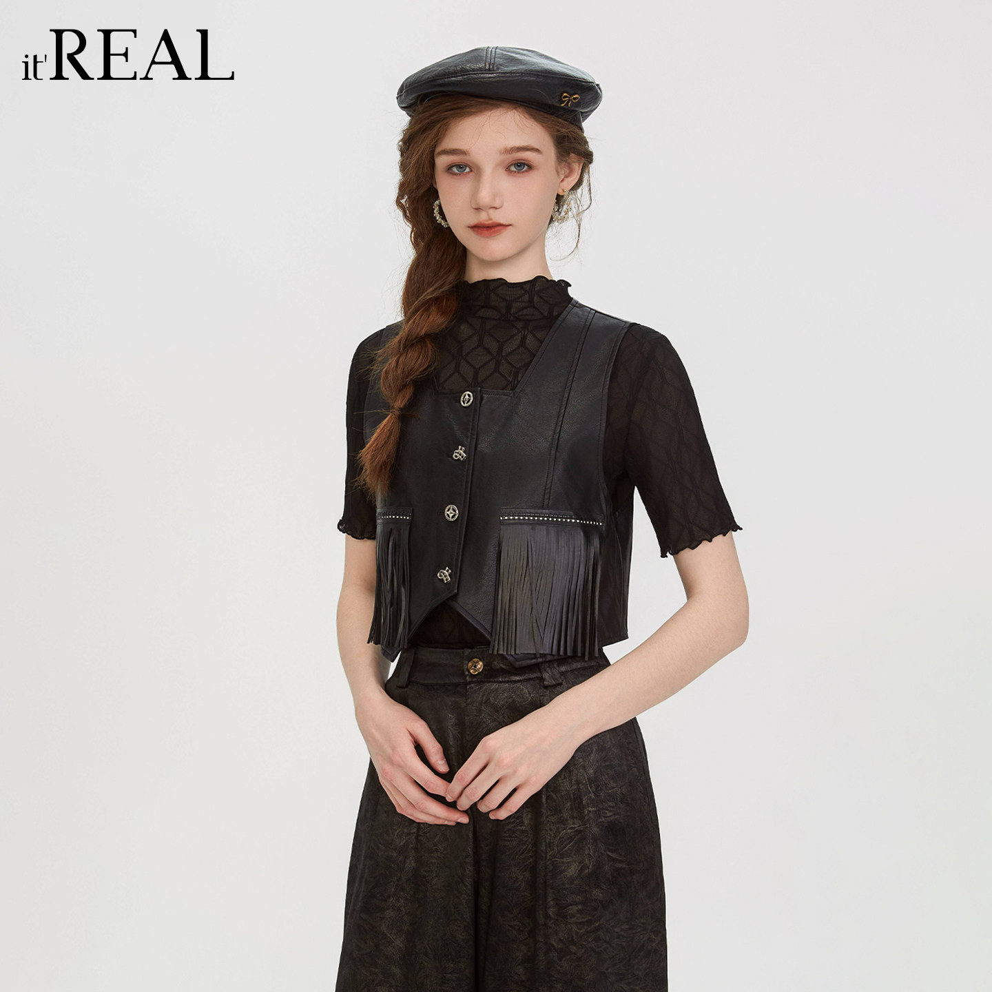 it'real瑞尔流苏皮马甲女「西部复古风」短款V领金属扣坎肩背心