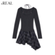 格纹裙摆辣妹短裙 挂脖长袖 real假两件拼接连衣裙女春季 新款