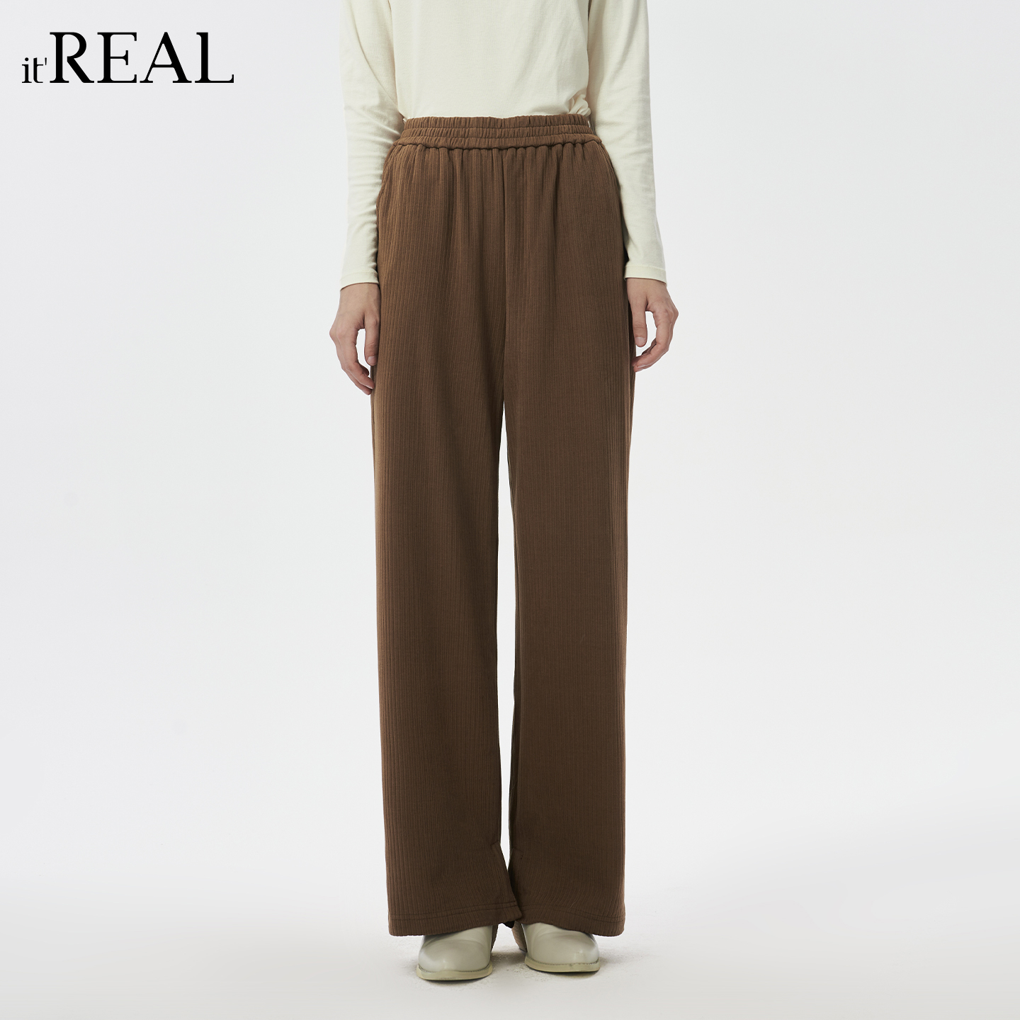 it'real瑞尔25年冬季新款休闲坑条垂顺阔腿裤女