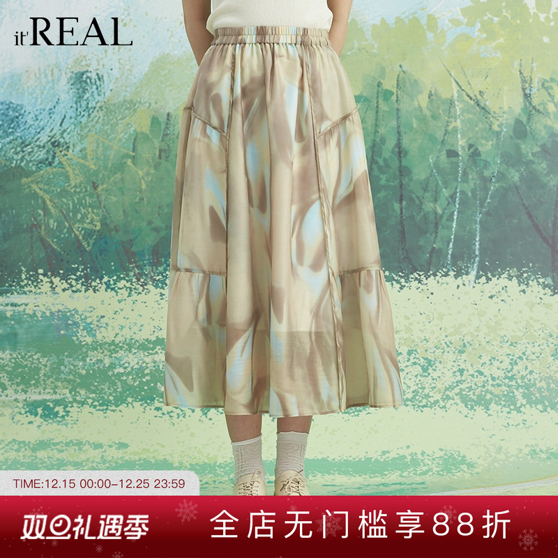 瑞尔中长伞裙复古A印花半身裙