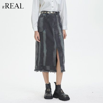 it'real瑞尔春季新款复古条纹牛仔高腰开叉下摆半身直筒裙女装