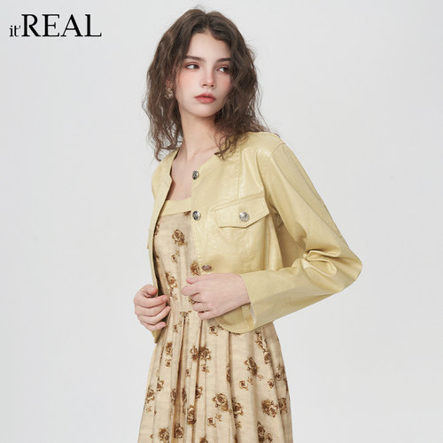 港风复古设计感圆领皮夹克女