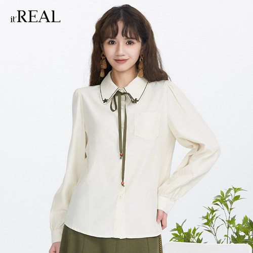 it'real瑞尔春新款法式复古白衬衫女学院风小众蝴蝶结内搭上衣 - 封面