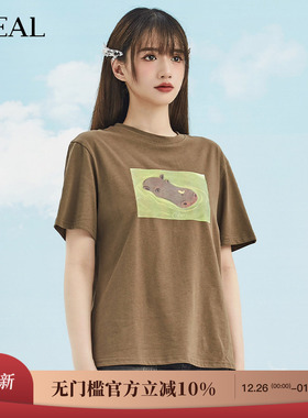it'real瑞尔夏新款美式复古短T恤女小众河马印花短袖上衣女