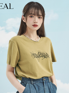 it'real瑞尔夏新款美式复古短袖t恤女字母印花宽松体恤上衣