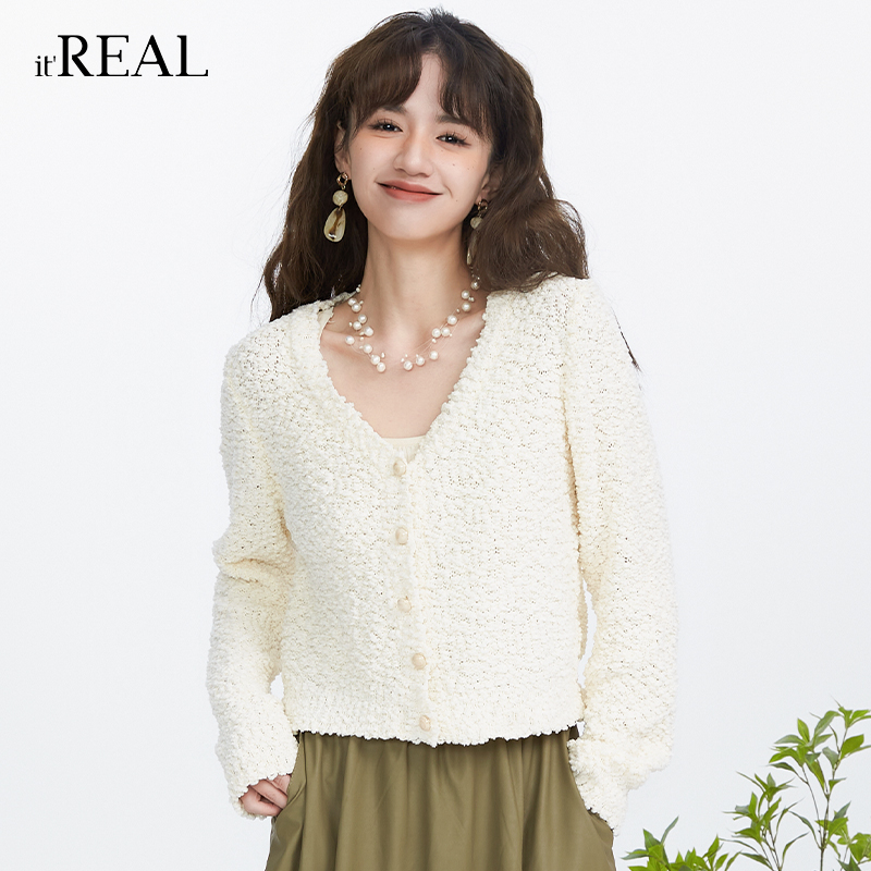 瑞尔单排扣V领开衫短外套