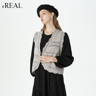 it'real瑞尔秋季新款复古风异形边柔软无袖针织马甲上衣女装