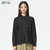 real瑞尔秋新款 法式 复古黑色衬衫 女简约设计感长袖 衬衣