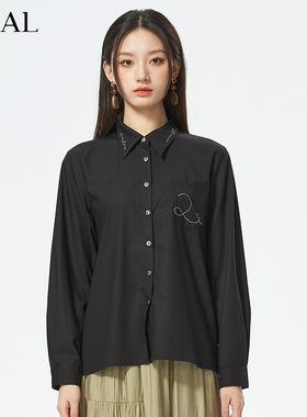 it'real瑞尔秋新款法式复古黑色衬衫女简约设计感长袖衬衣
