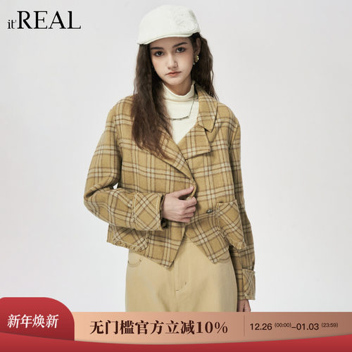 it'real瑞尔冬季新款复古格纹经典不规则呢子衣毛呢外套女