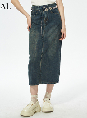 it'real瑞尔秋新款法式复古牛仔裙款半身裙小众设计感牛仔半裙