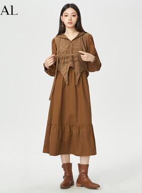 it'real瑞尔冬新款法式复古拼接假两件连衣裙连帽长裙