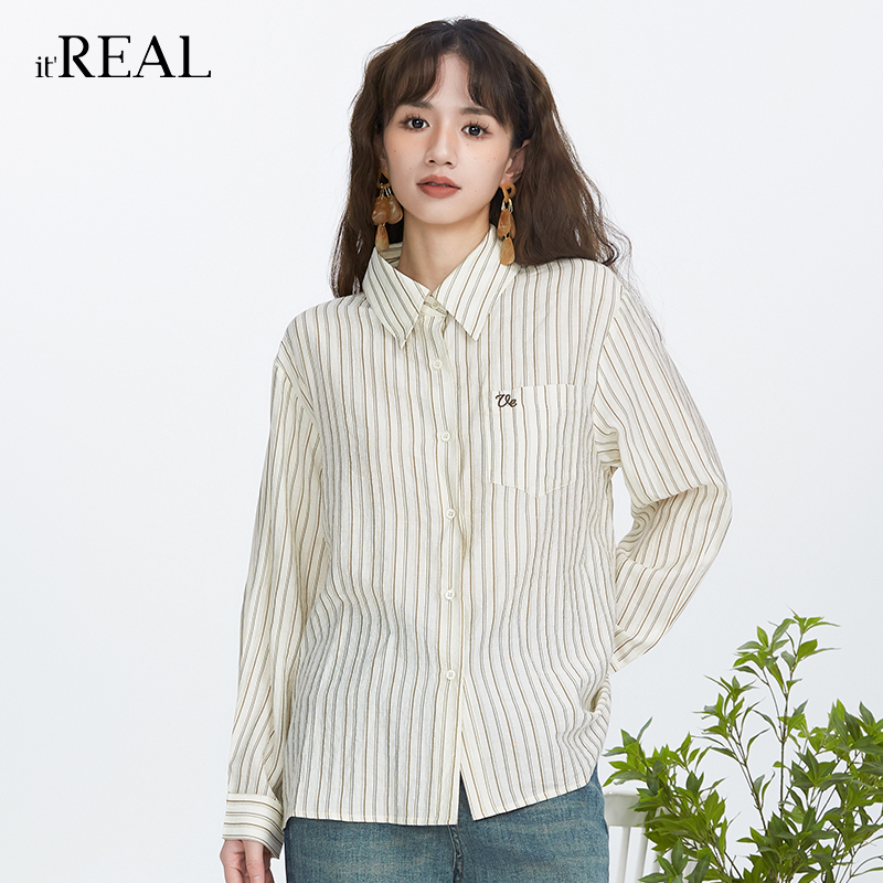 瑞尔复古长袖条纹衬衫