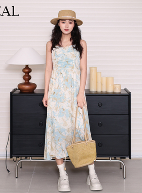 it'real瑞尔法式复古碎花吊带连衣裙女夏季新款收腰显瘦长裙