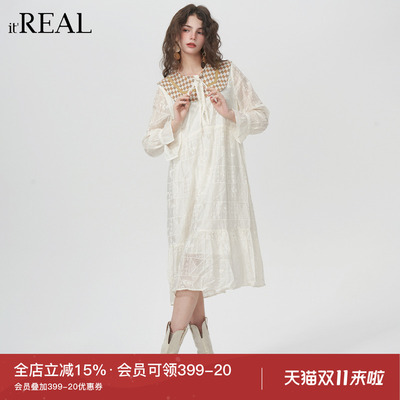 复古海军领长袖蕾丝裙