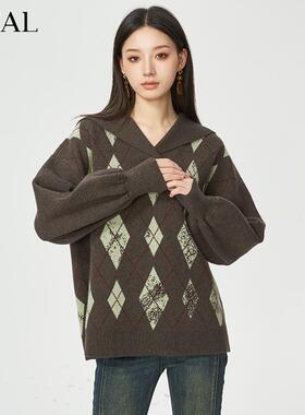 it'real瑞尔冬新款法式复古海军领针织上衣女菱格毛衣毛织卫衣