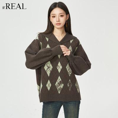 itreal复古菱格毛衣海军领