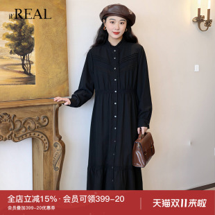 黑色木耳领显瘦中长裙 花边立领连衣裙女长袖 real瑞尔春新款