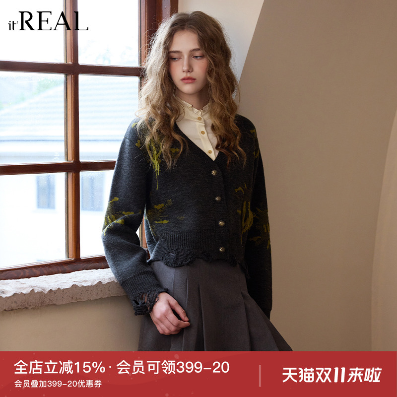 V领针织学院风宽松短外套女