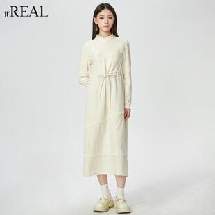 收腰显瘦连衣裙 复古风蕾丝长袖 real瑞尔冬新款