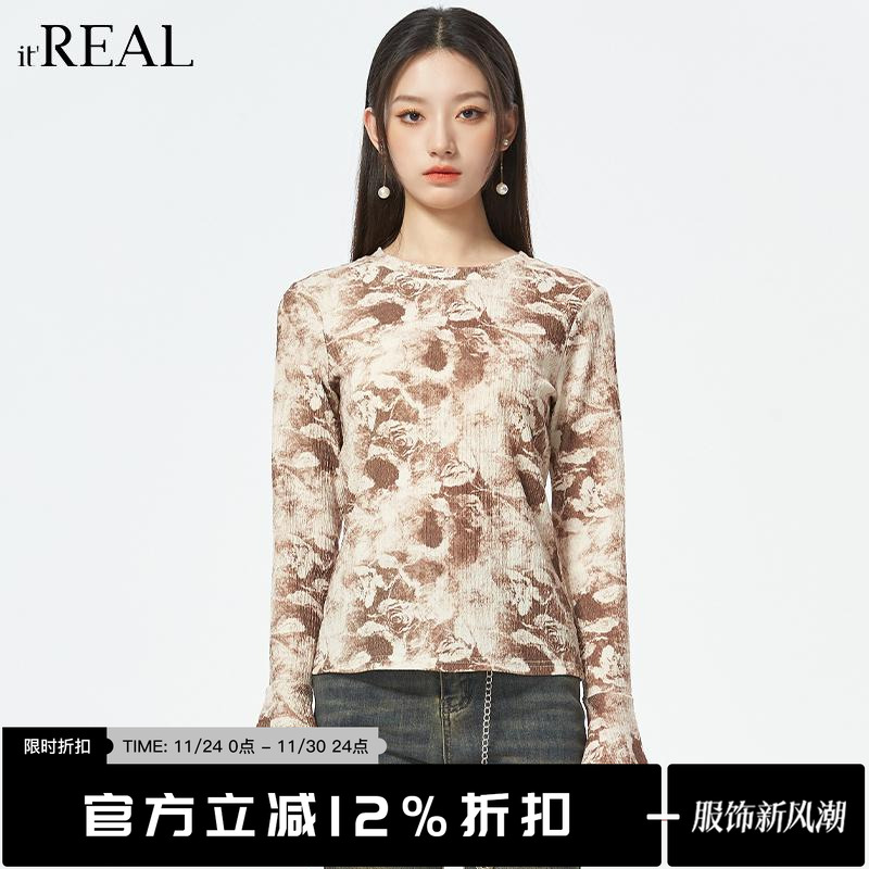 瑞尔复古印花长袖T恤修身显瘦