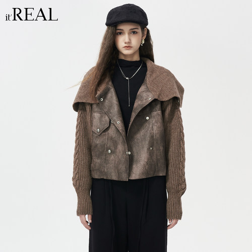 it'real瑞尔冬季新款休闲复古翻领拼接羽绒服外套女