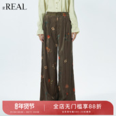 real瑞尔冬季 新款 复古丝绒印花保暖阔腿长裤 女下装
