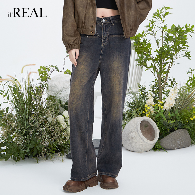 瑞尔阔腿长裤美拉德复古牛仔裤
