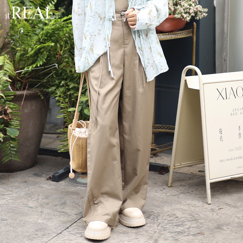 it'real瑞尔夏新款西装阔腿裤女复古垂感直筒裤小个子休闲裤子