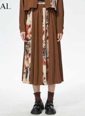 it'real瑞尔秋新款法式复古拼接印花伞裙半身裙设计感A字裙