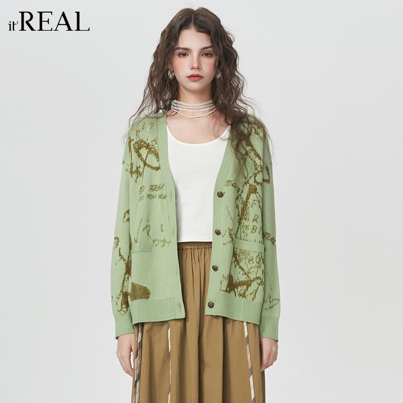 时髦洋气上衣itreal针织开衫V领