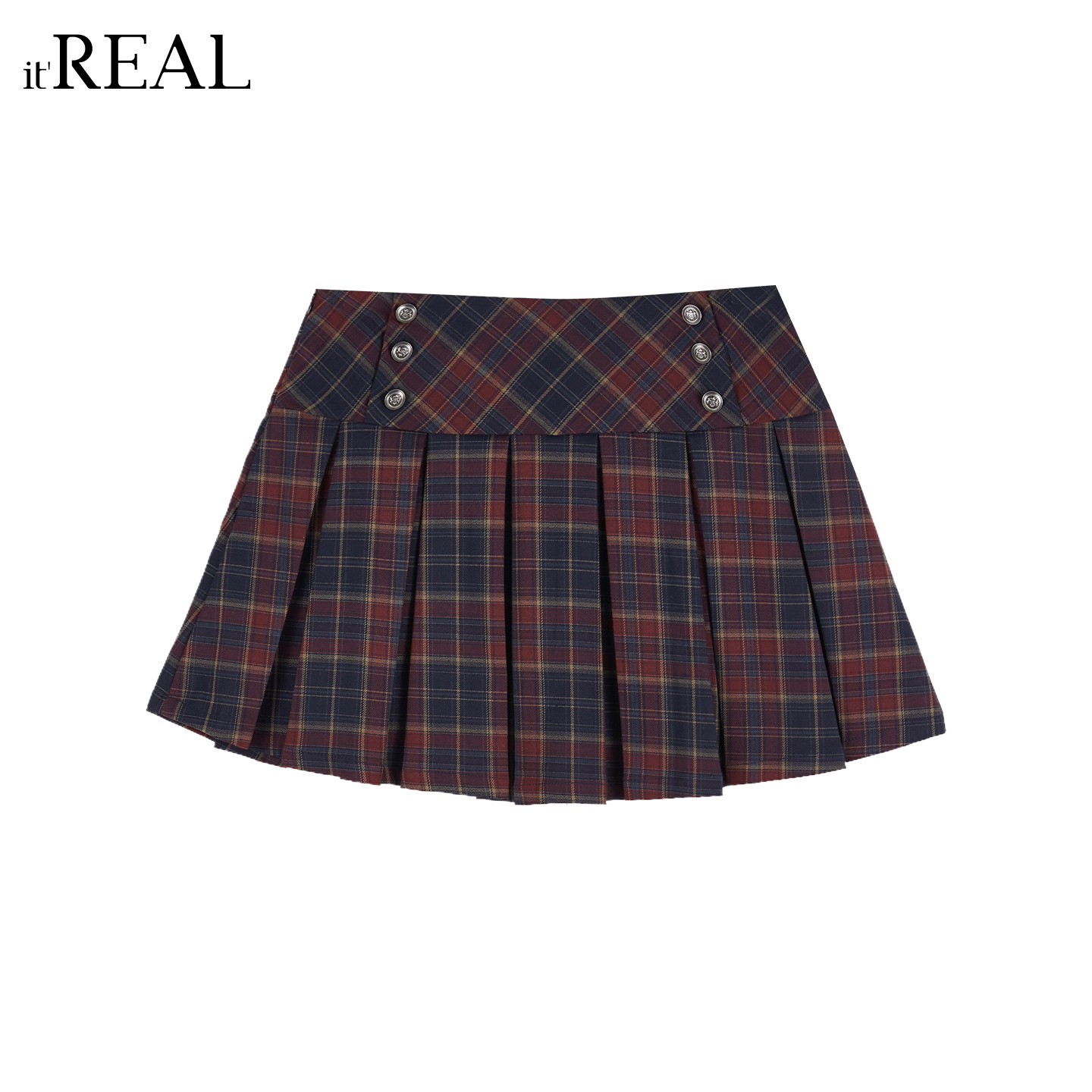 it'real瑞尔学院风格纹百褶半身裙女减龄百搭双排扣日常通勤短