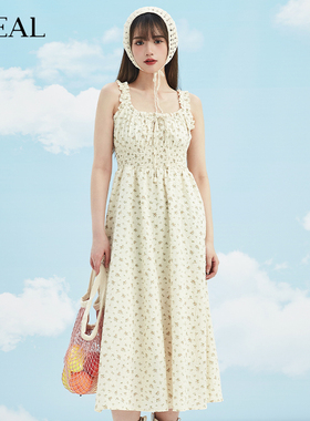 it'real瑞尔夏新款U领碎花吊带连衣裙印花背心长裙女