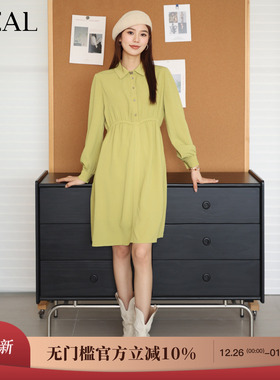 it'real瑞尔冬季新款复古法式休闲翻领显瘦长袖A字连衣裙