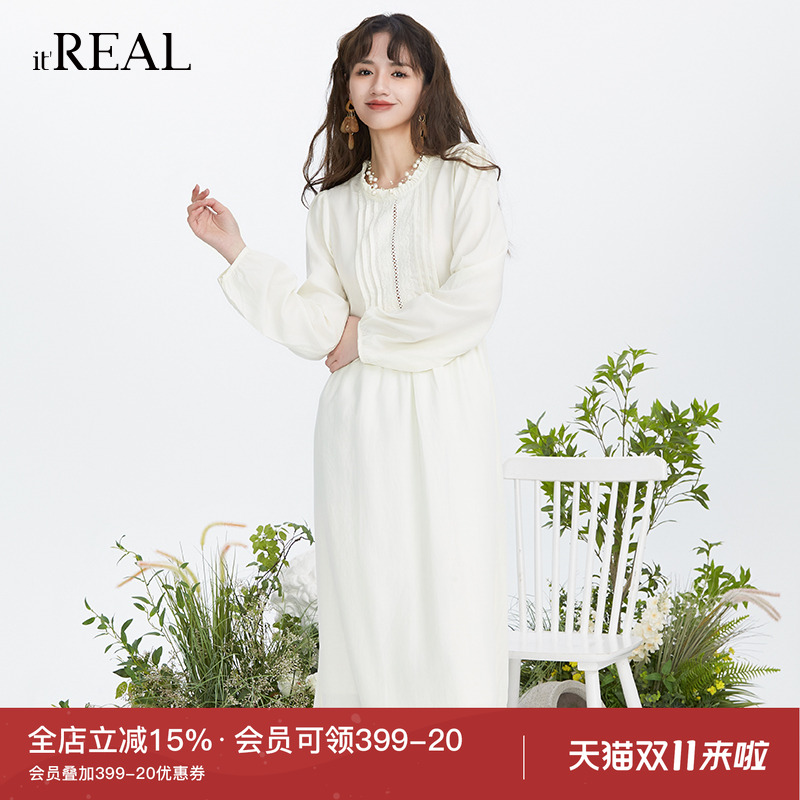it'real瑞尔圆花边领衬衫连衣裙秋冬法式收腰显瘦休闲A字裙子