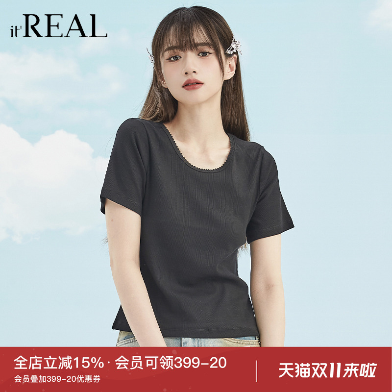 针织薄复古短袖it'real花边