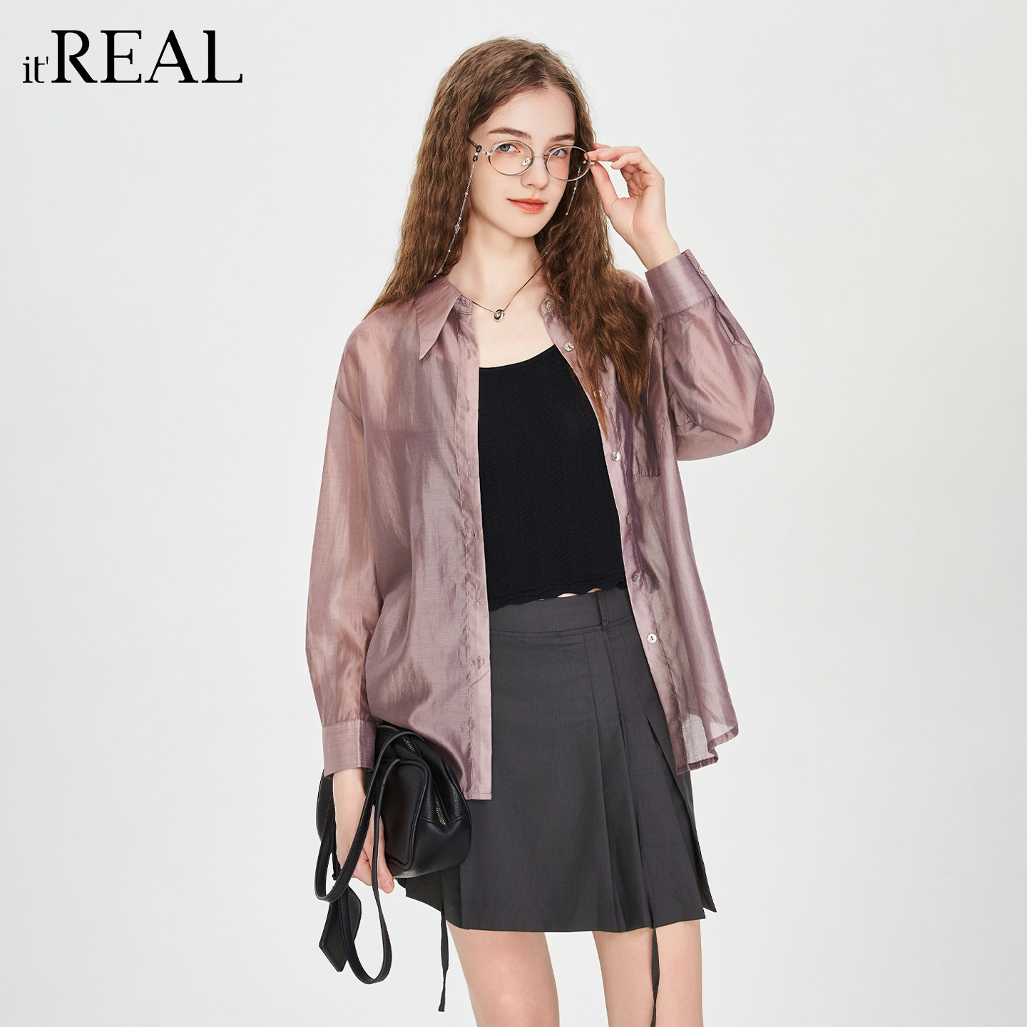 it'real瑞尔长袖衬衫女夏季宽松显瘦气质百搭休闲设计感长款上衣