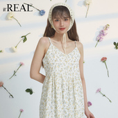 法式 real瑞尔夏新款 碎花吊带裙温柔风海边度假长连衣裙子