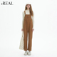 real瑞尔春季 新款 复古阔腿显瘦背带连体长裤 女装