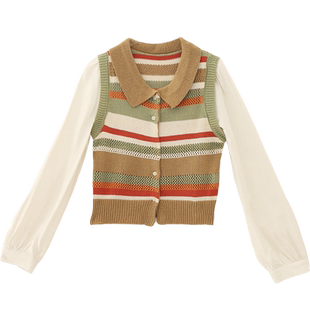 it'real瑞尔条纹复古开衫针织外套女秋冬小众假两件衬衫上衣