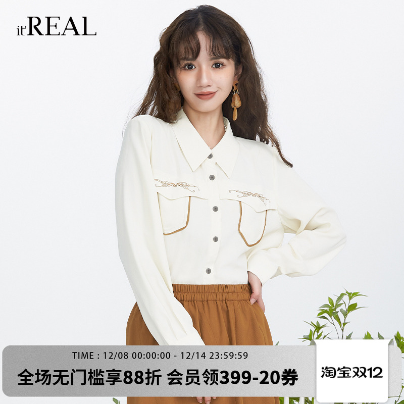 瑞尔复古单排长袖绣花衬衣