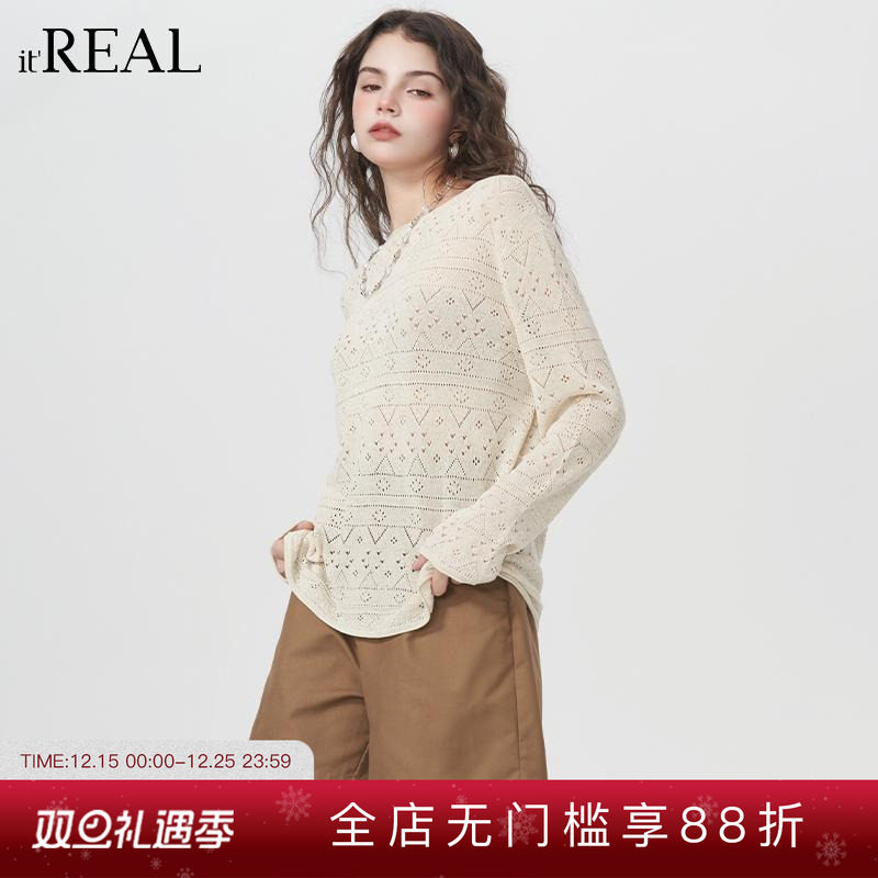 it'real瑞尔法式复古镂空设计感长袖T恤女圆领套头针织衫上衣