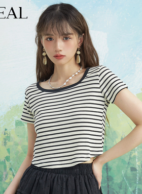 it'real瑞尔夏新款条纹短袖T恤女法式海魂衫撞色复古小众上衣女