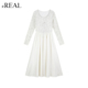 气质收腰大摆长袖 real米白色针织拼接连衣裙女春季 中长裙