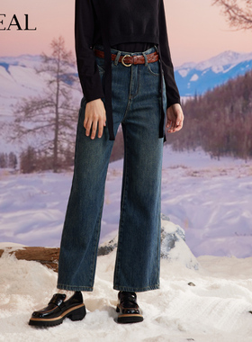 it'real瑞尔冬新款复古风加绒加厚修身显瘦阔腿牛仔裤女