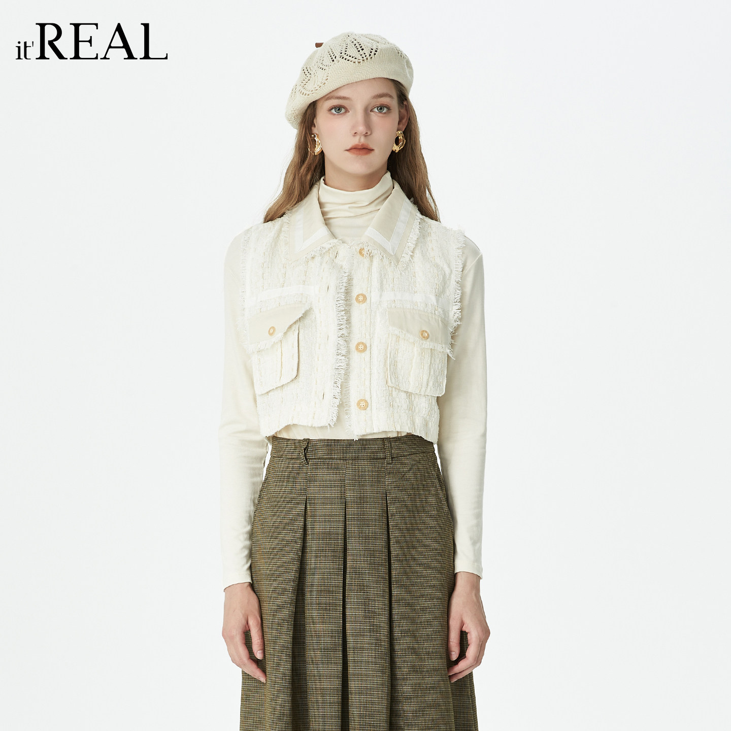 it'real瑞尔秋季新款静奢复古粗花呢通勤短款毛边无袖马夹,女装/女士精品,马夹,淘宝优惠券,粉丝福利购,淘宝优惠卷