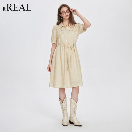 it'real亚麻刺绣收腰连衣裙