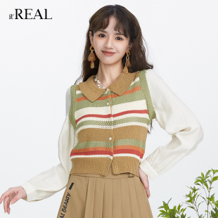 上衣 针织外套女秋冬小众假两件衬衫 real瑞尔条纹复古开衫